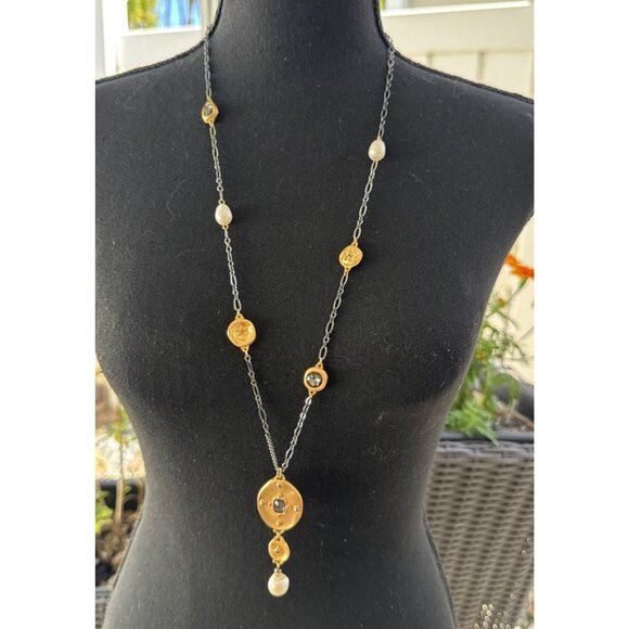 Chicos Blue Silver Gold Tone 18.5" Long Reversible Chain Statement Necklace NEW - Picture 1 of 14